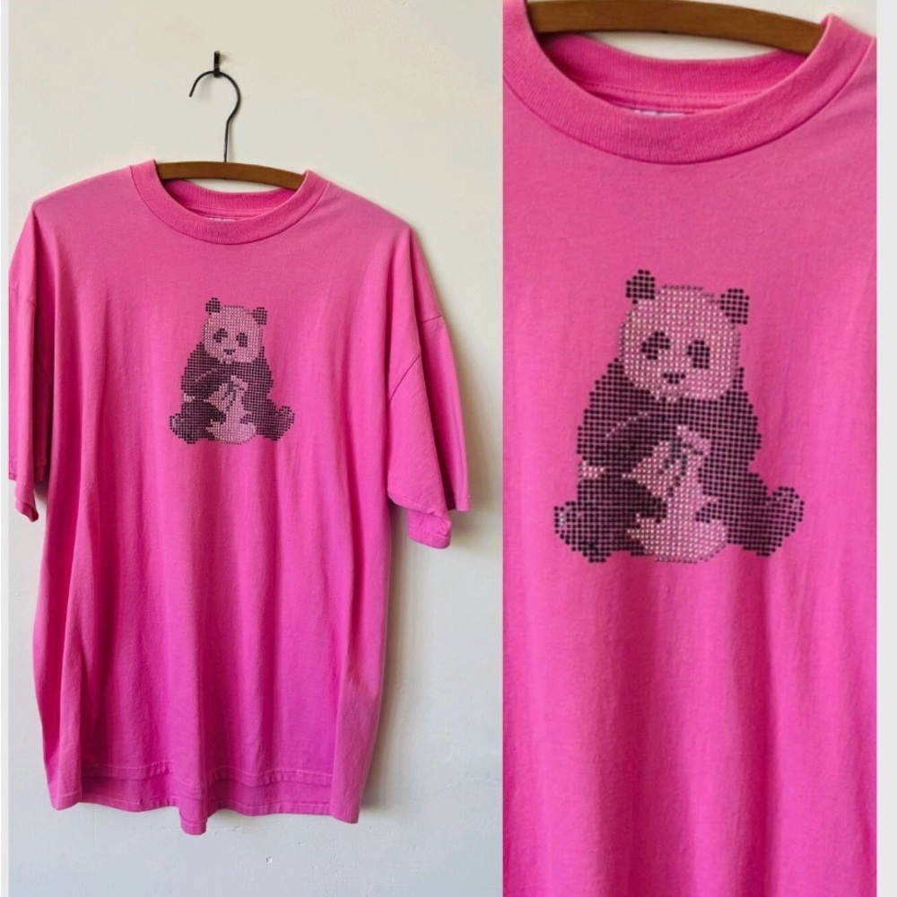 Vintage Hot Pink Panda Shirt 1990’s Studded Panda Graphic Tee 90’s Neon Shirt